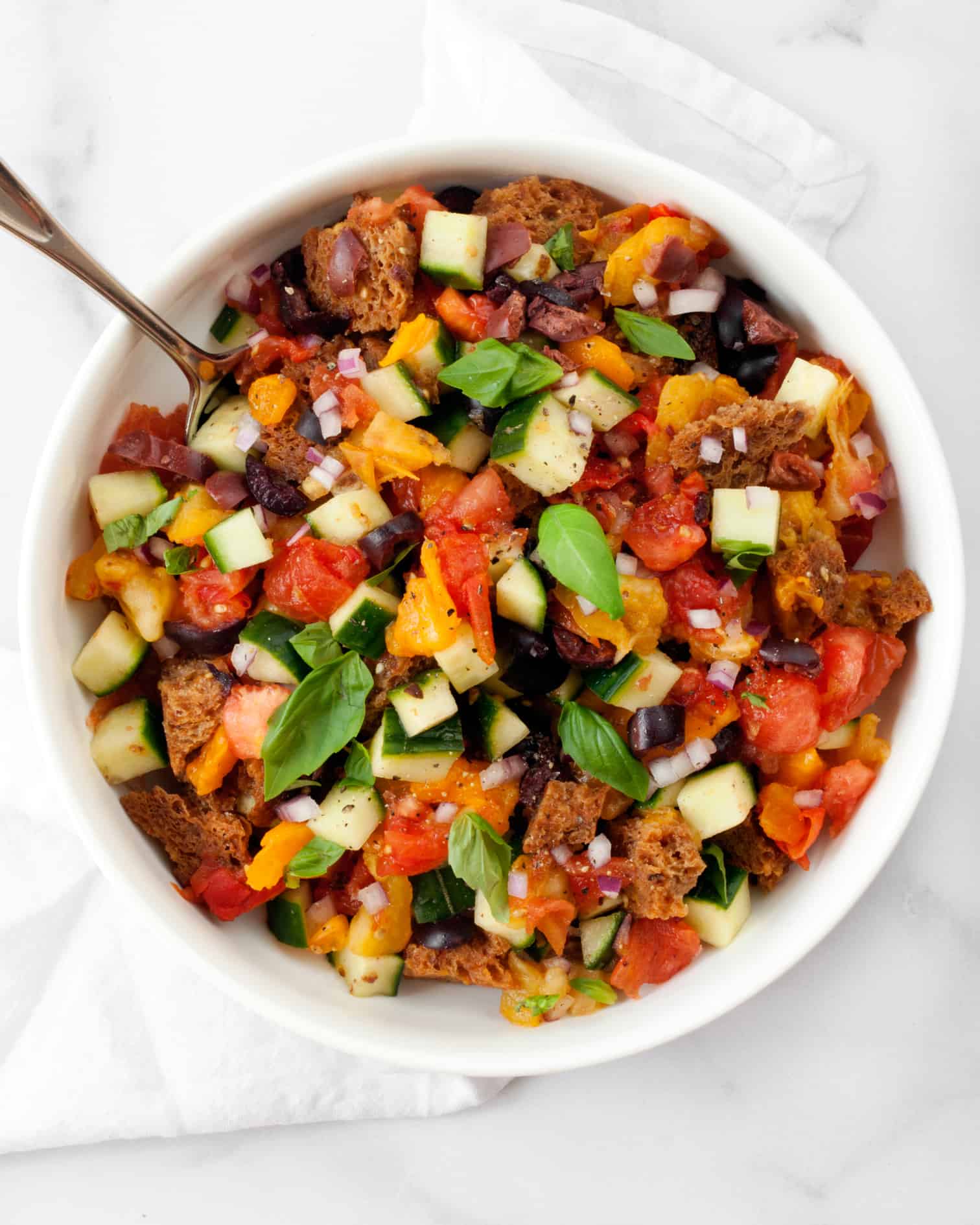 Charred Tomato Panzanella with Cucumbers and Olives Last Ingredient
