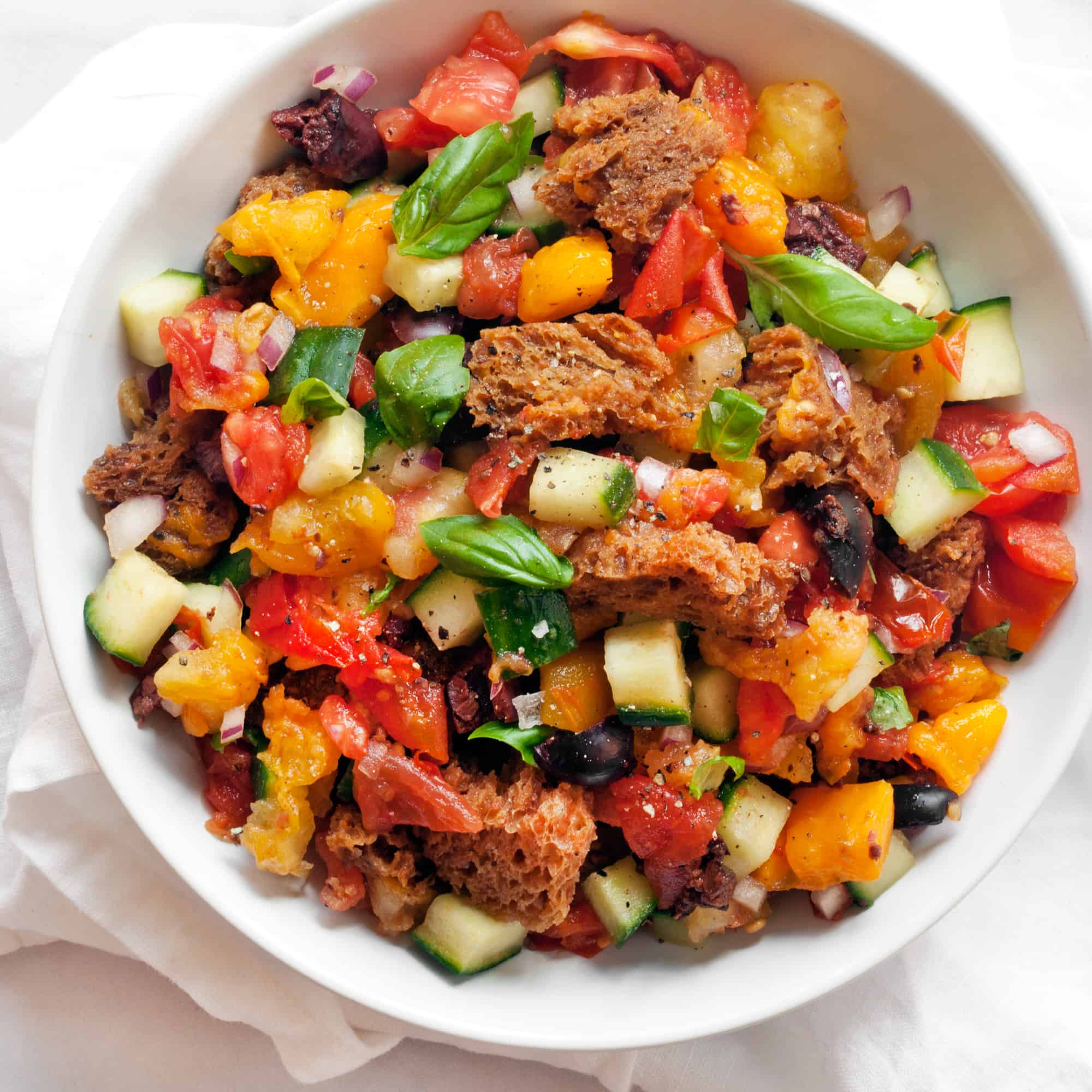 Charred Tomato Panzanella with Cucumbers and Olives Last Ingredient