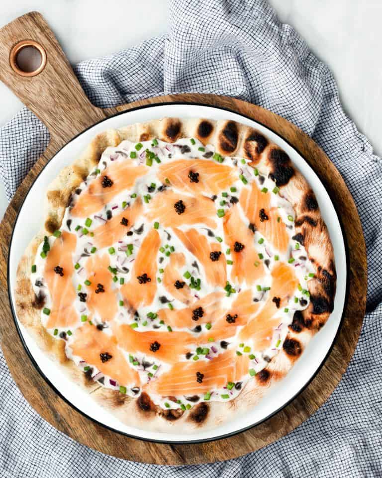 Grilled Pizza with Caviar and Smoked Salmon Last Ingredient