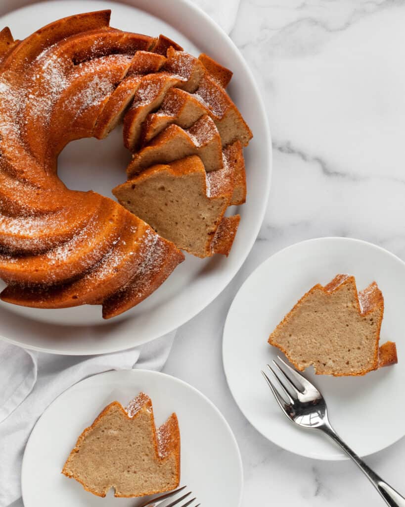 Banana cake with 2 slices cut out