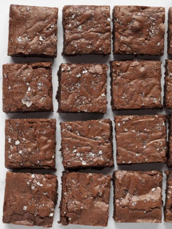 Salted fudge brownies in rows.