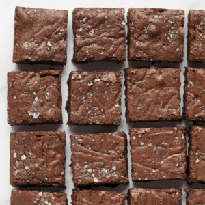 Fudge brownies in rows.