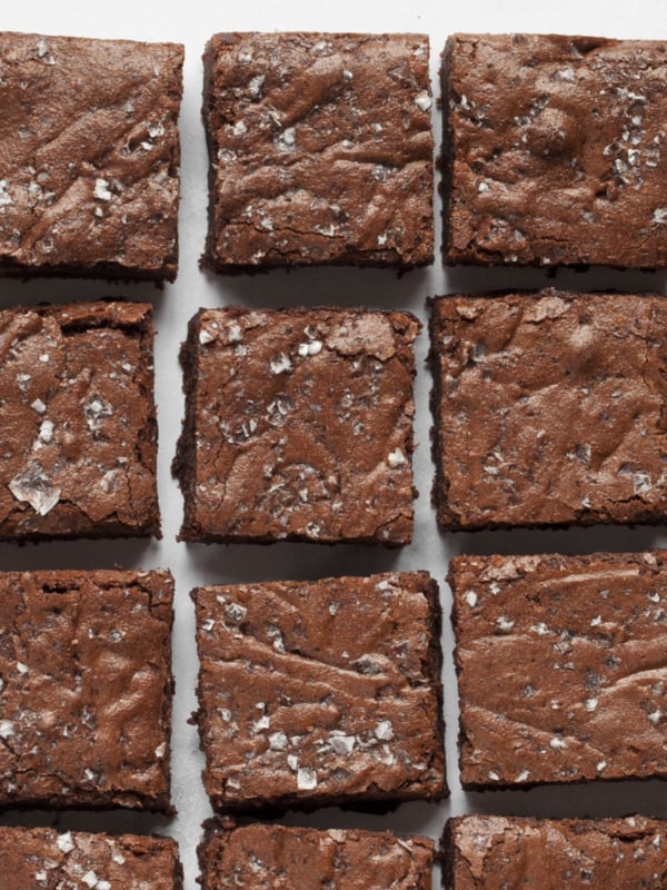 Fudge brownies in rows.