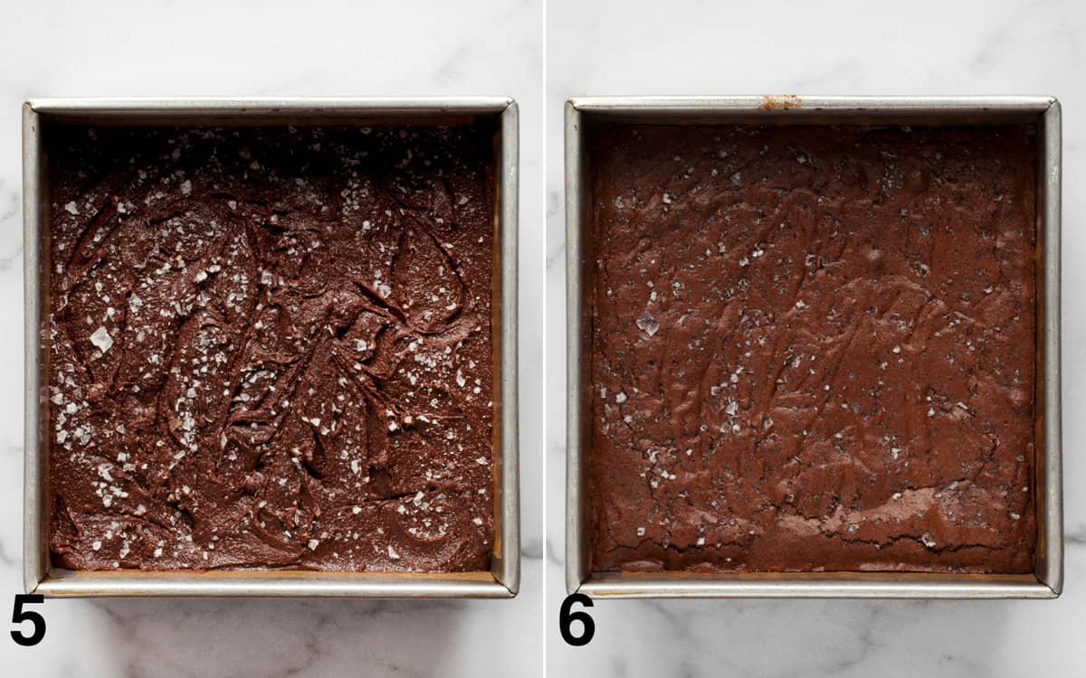 Brownies in pan before and after they are baked.