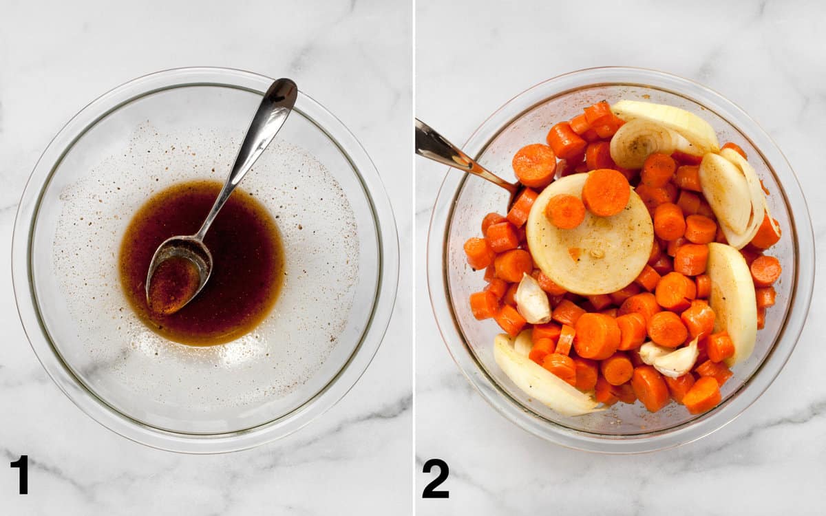 Spices mixed in a large bowl. Carrots, onions and garlic stirred into spice mixture.