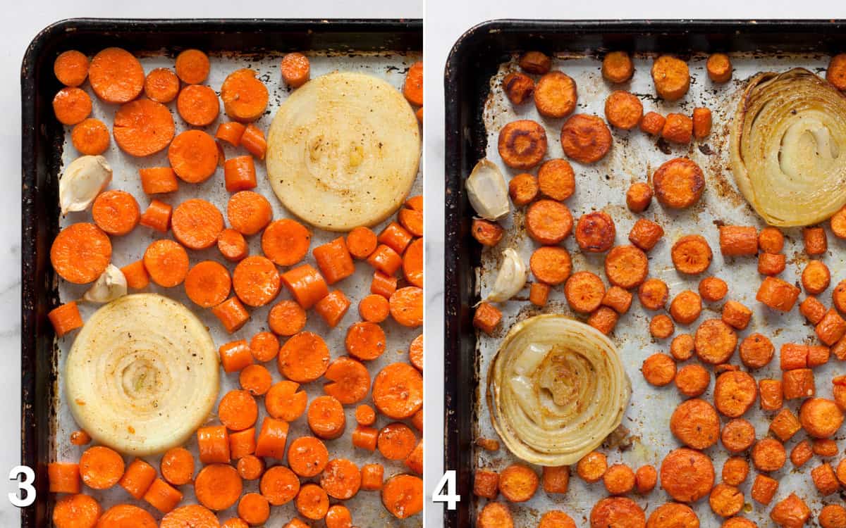 Carrots, onions and garlic on sheet pan before and after they are roasted.