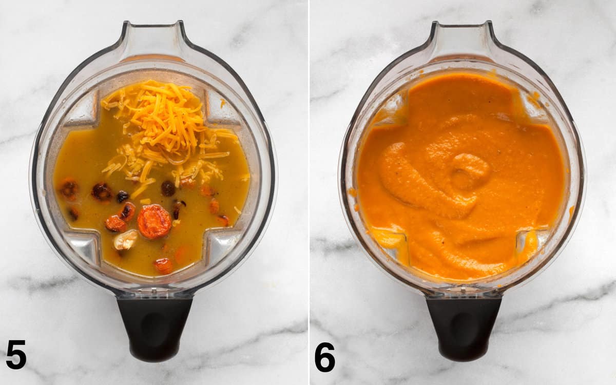 Soup ingredients in a blender before and after they are pureed.