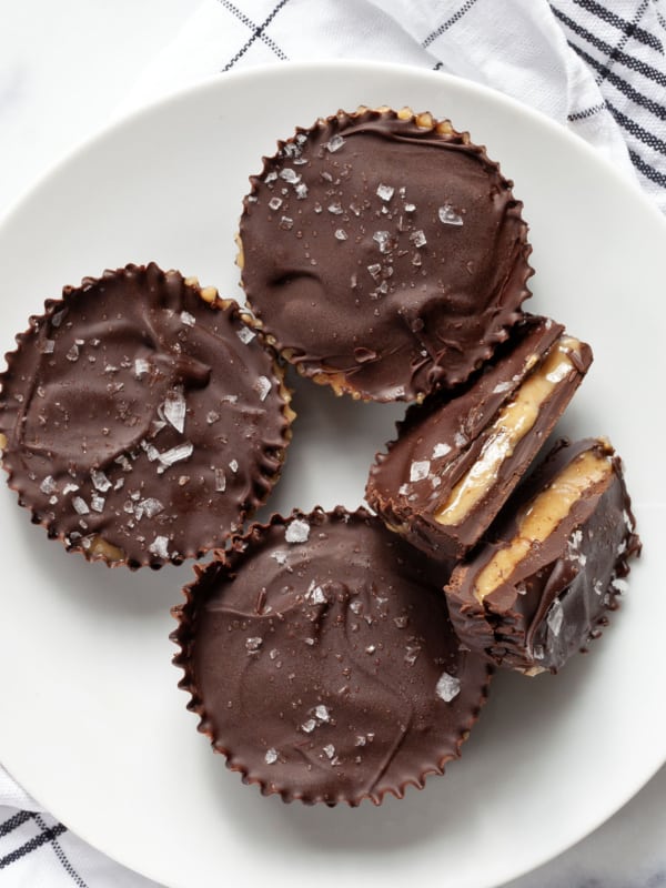 Three whole peanut butter cups and one split in half.