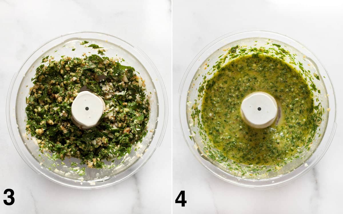 Finely chop the parsley leaves, walnuts, parmesan, salt and pepper. Then pour in the olive oil and finish pureeing into pesto.