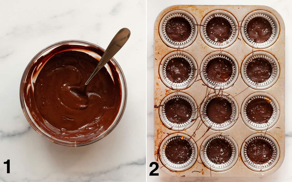 Melted chocolate in a bowl. Bottom chocolate layer spooned into muffin cups.
