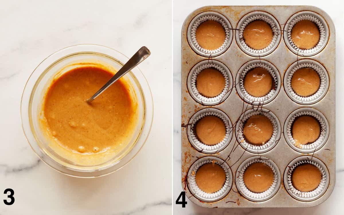 Peanut butter mixture on a bowl. Peanut butter layer spooned into cups.