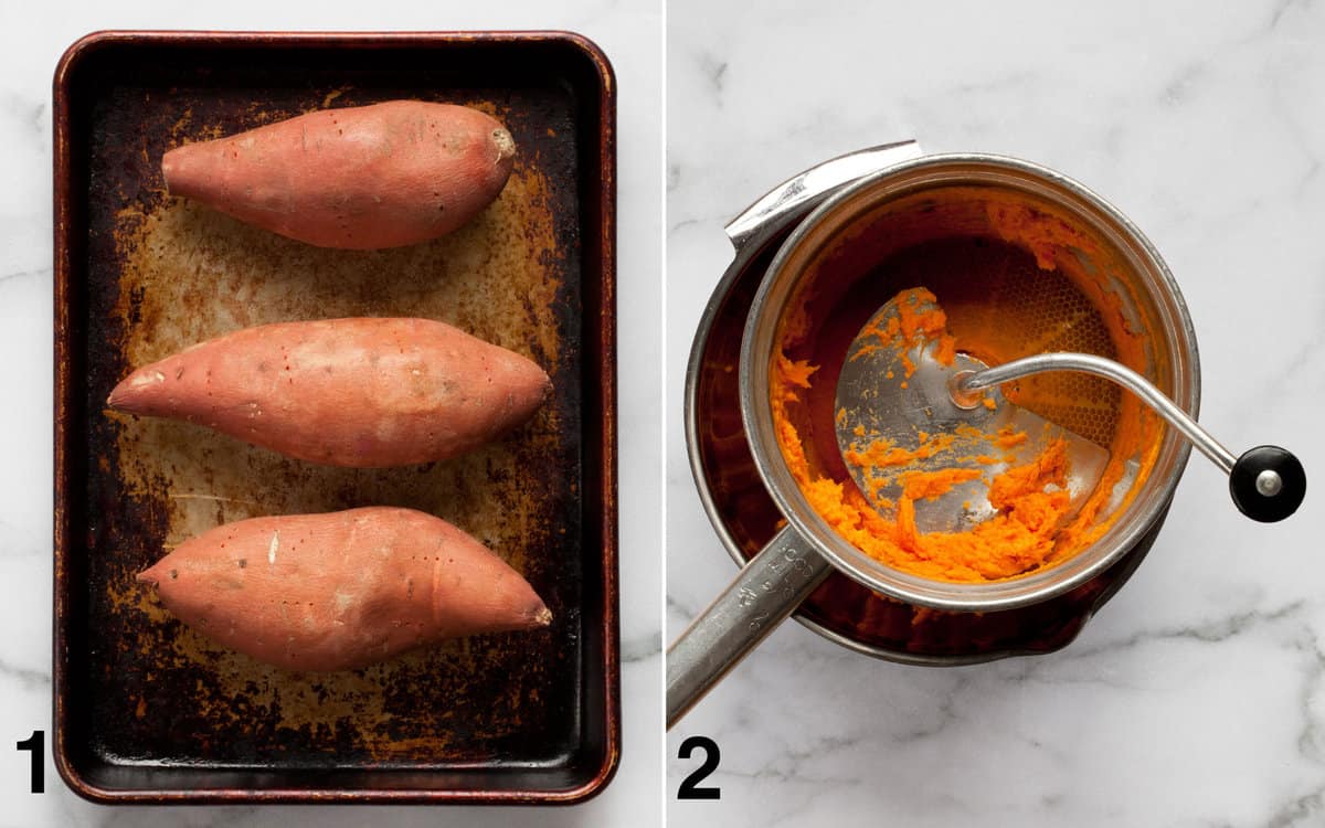 Three sweet potatoes on a sheet pan. Potato flesh being run through a food mill.