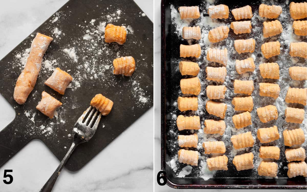 Gnocchi rolled out on a board. Gnocchi lined up on a floured pan before they are cooked.