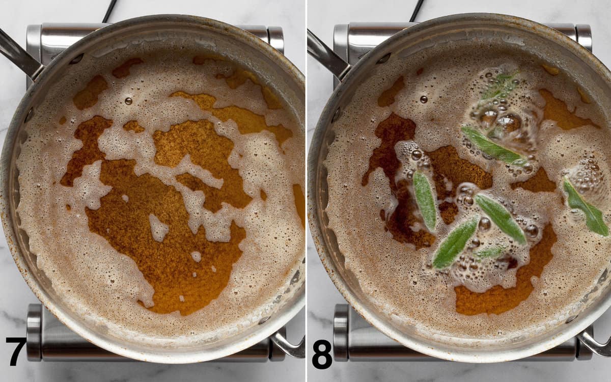 Brown butter in a skillet. Sage frying in brown butter in a skillet.