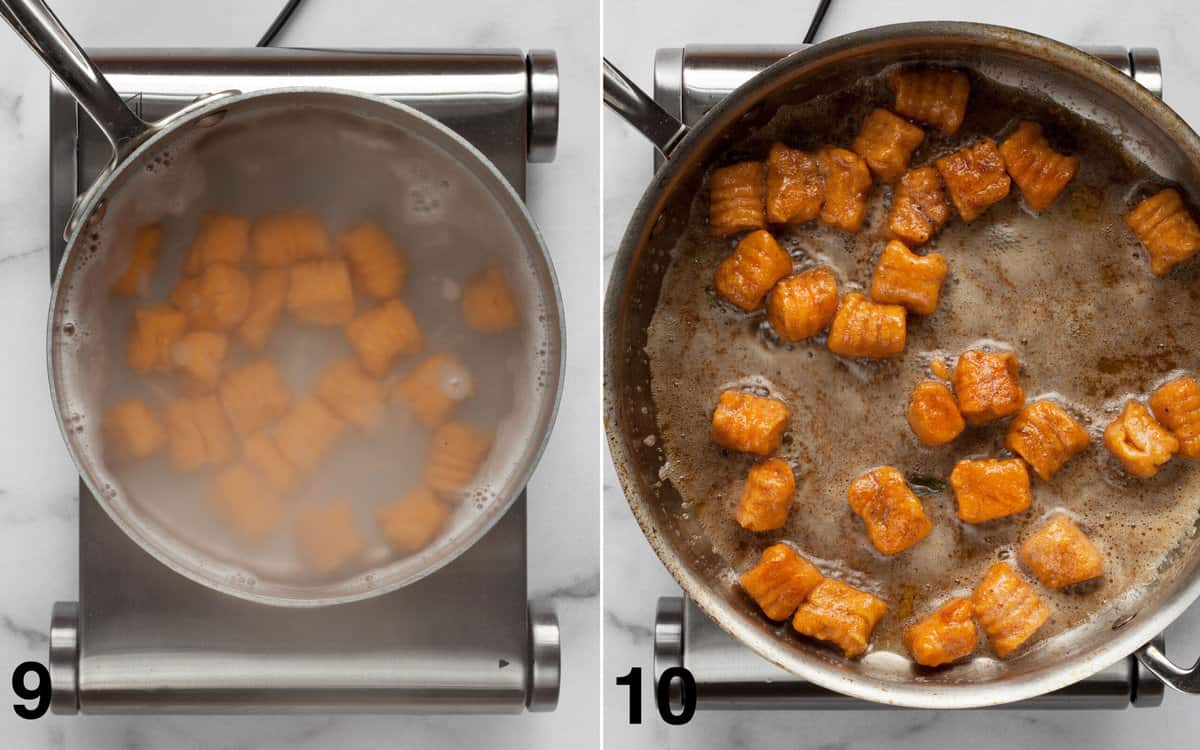 Gnocchi simmering in pot. Gnocchi tossed in brown butter in a skillet.