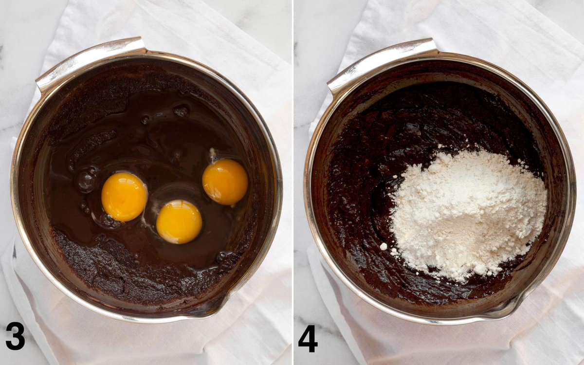 Eggs in brownie batter. Flour in brownie batter.