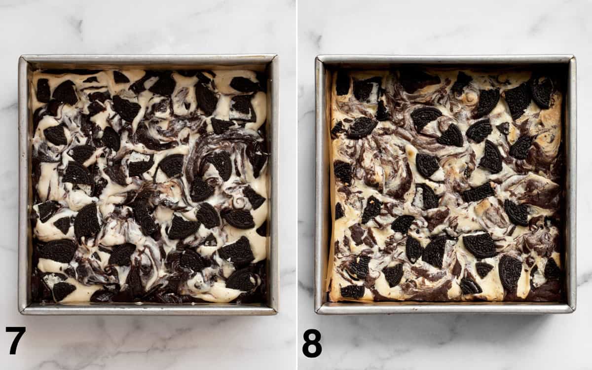 Brownies topped with oreos before and after they are baked.