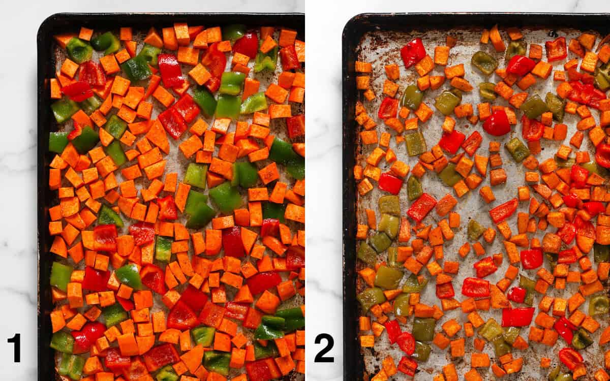 Sweet potatoes and peppers on a sheet pan before and after they roast.