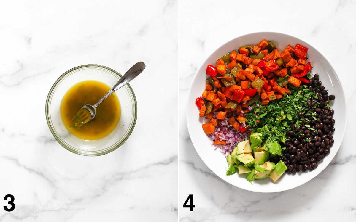 Dressing whisked in a small bowl. Salad ingredients assembled in a large bowl.