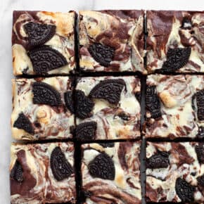 Cheesecake brownies in rows.