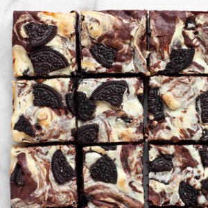 Cheesecake brownies in rows.