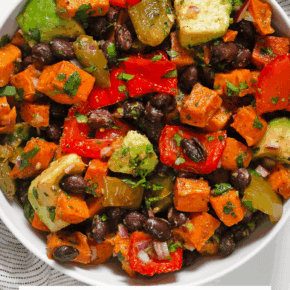 Roasted sweet potato salad in a bowl.