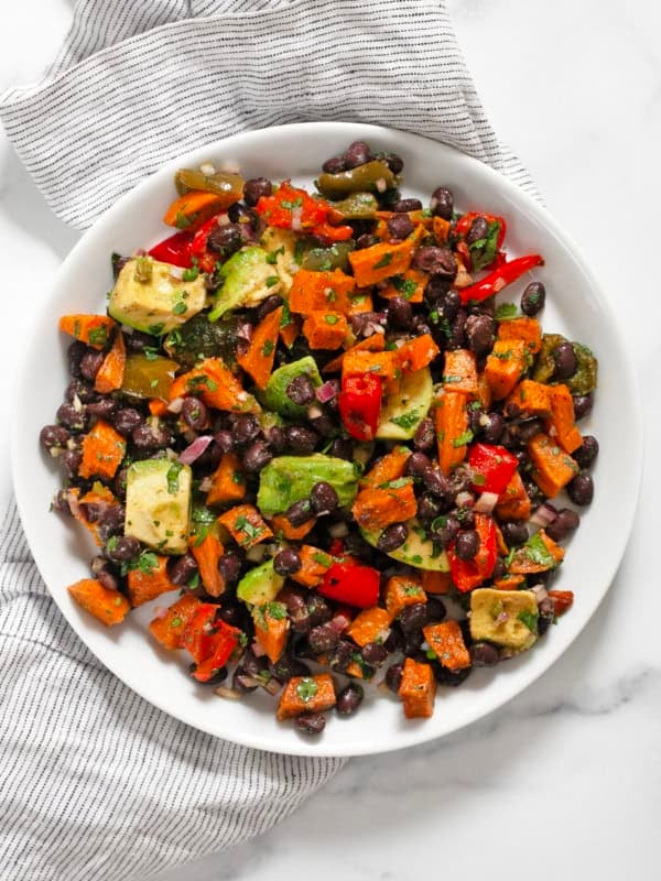 Roasted sweet potato salad on a plate.