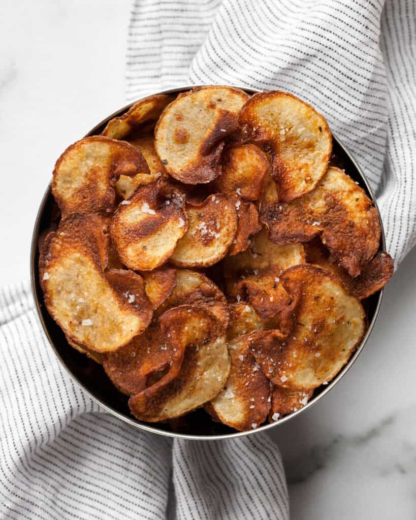 Bowl of baked potato chips.