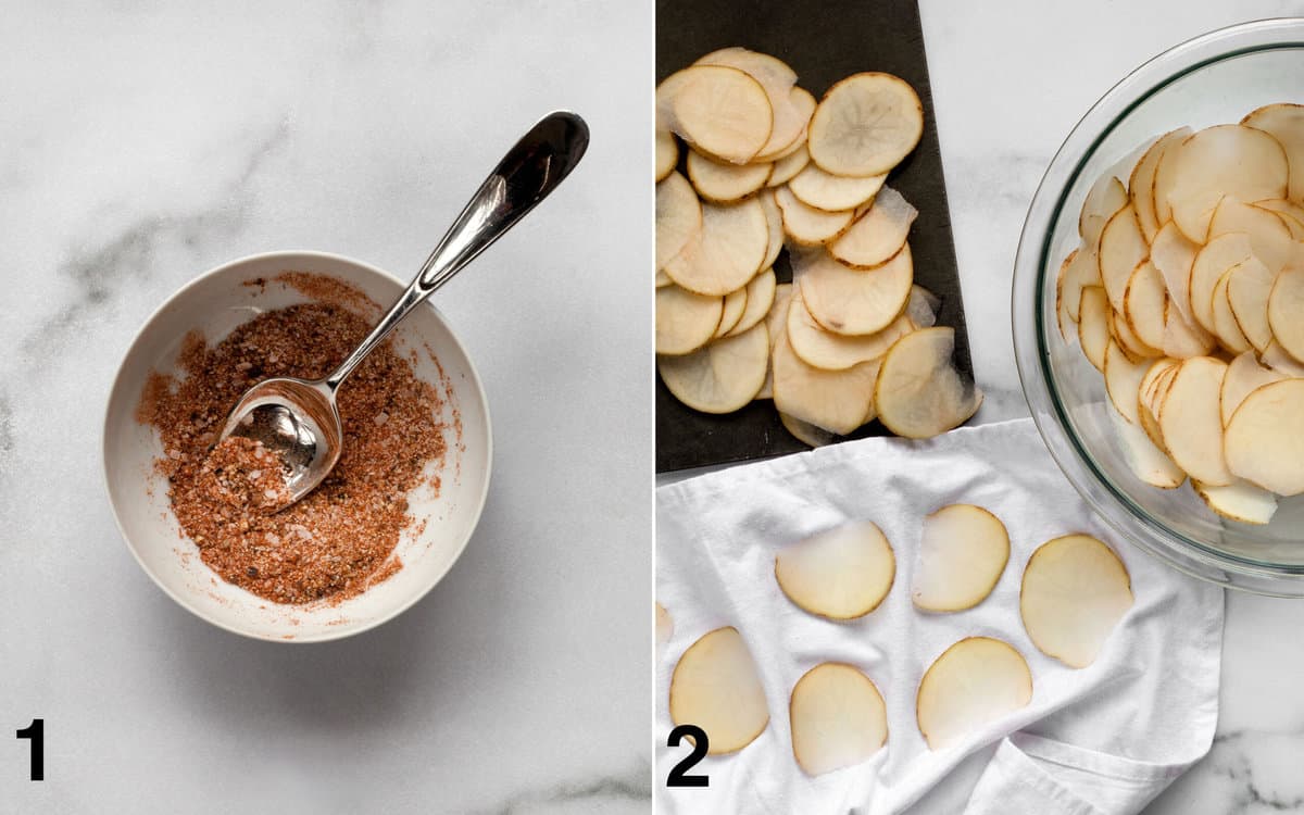 Spices stirred into a bowl; potatos sliced thinly, patted dry and put into a bowl.