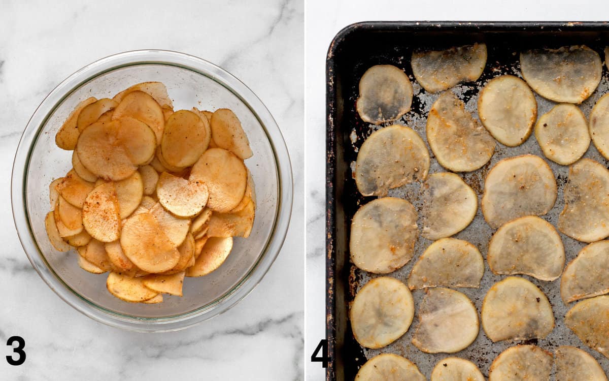 Sliced potatoes stirred in a bowl with olive oil and dried seasonings. Sliced potatoes on a sheet pan before they bake.