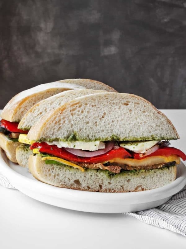 Ciabatta sandwiches on a plate.