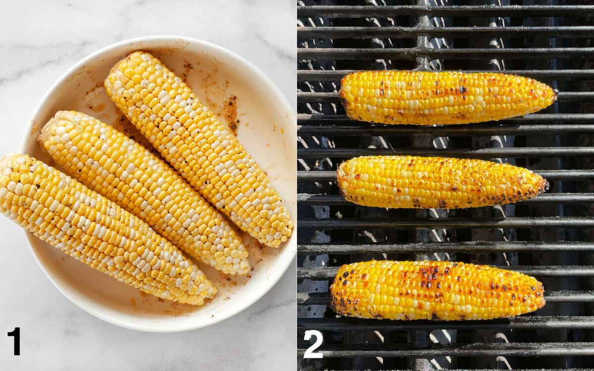 Marinated corn in a bowl. Corn on the grill.