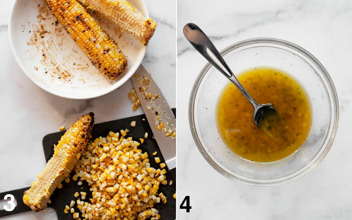 Slicing kernels off ears of corns. Vinaigrette whisked in a bowl.