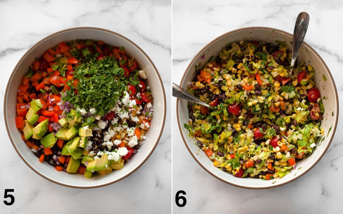 Salad ingredients in a large bowl. Dressing stirred into salad.