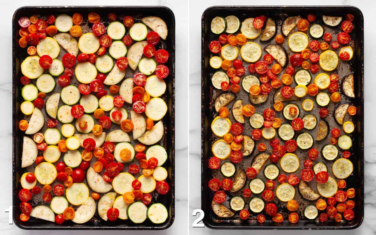 Vegetables on a sheet pan before and after they are roasted.