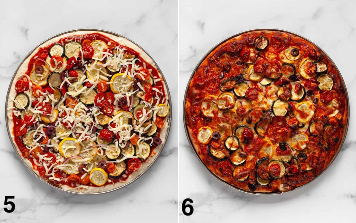 Vegetarian pizza before and after it is baked.