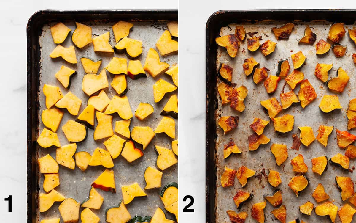 Squash on a sheet pan before and after it is roasted.