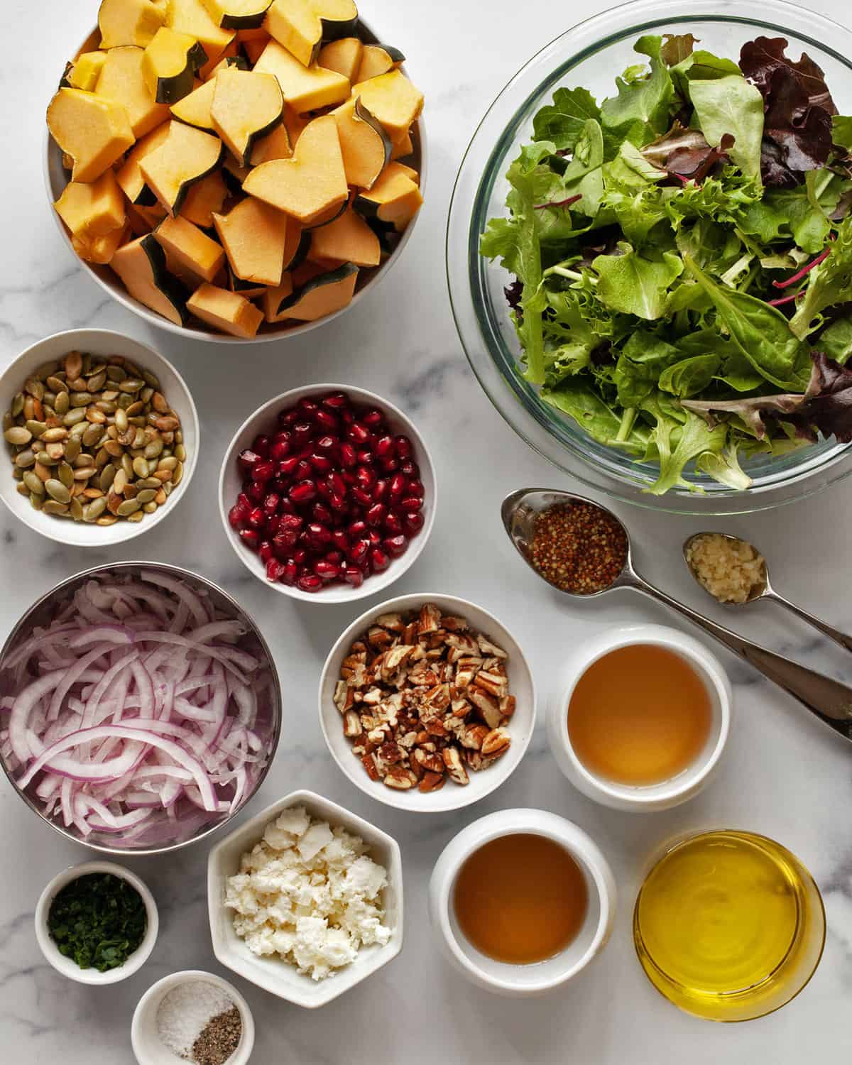Ingredients including squash, lettuce, red onions, pomegranate seeds, pumpkin seeds, pecans, goat cheese, parsley and olive oil.