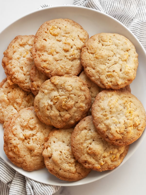 Cornflake cookies on a plate.