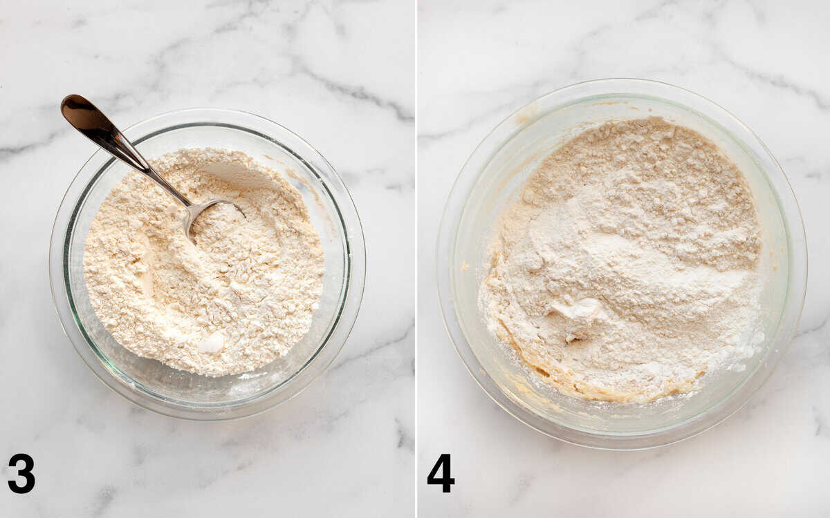 Dry ingredients stirred in a bowl. Flour mixture added to wet ingredients.