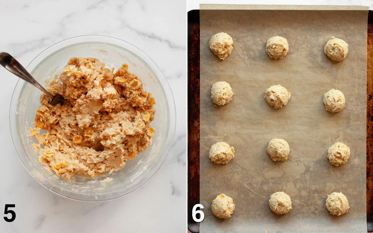 Cornflakes stirred into dough. Cookie dough balls portioned out on baking sheet.