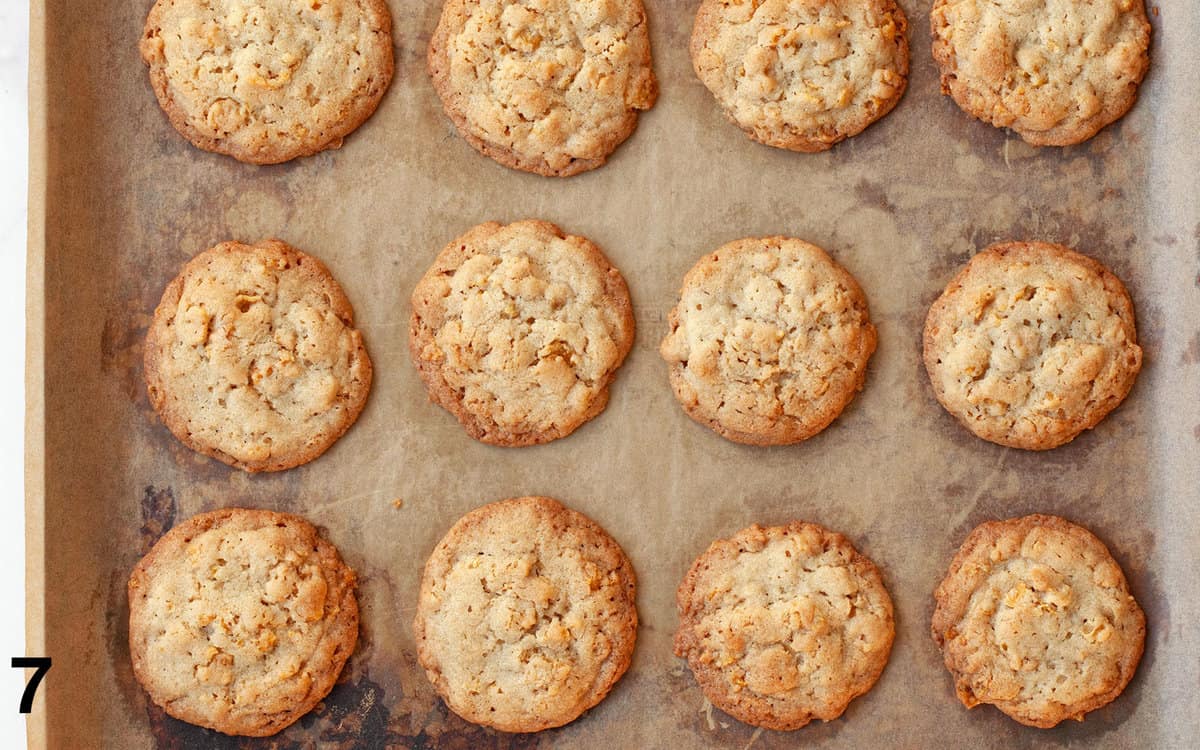 Baked cookies on a sheet pan.