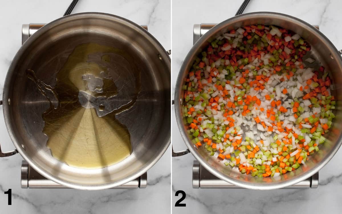 Heat the olive oil in a large pot. Then saute the onions, carrots and celery.