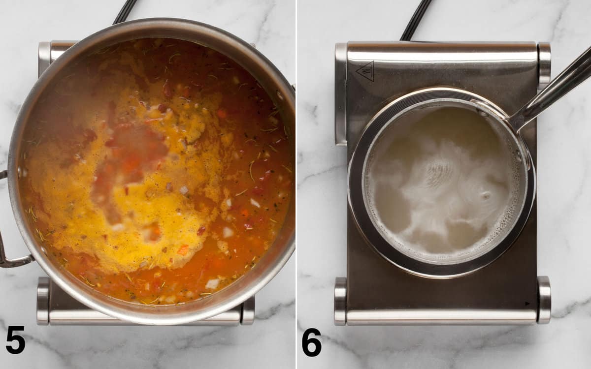 Simmer the soup until it reduces slightly. Cook the pasta while the soup is simmering.