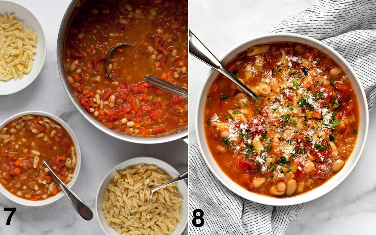 Spoon pasta into the bottom of each bowl. Then spoon over soup. Top each bowl with grated Parmesan and chopped parsley.