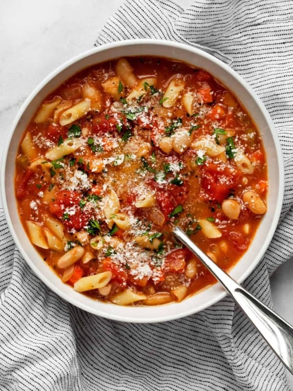 Pasta e fagioli soup in a bowl.