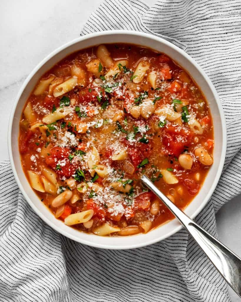 Pasta e fagioli soup in a bowl.