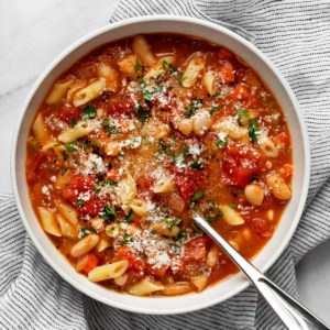 Pasta e fagioli soup in a bowl.