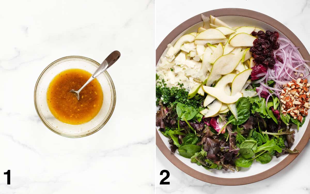 Vinaigrette whisked in a small bowl. Salad ingredients assembled in a large bowl.