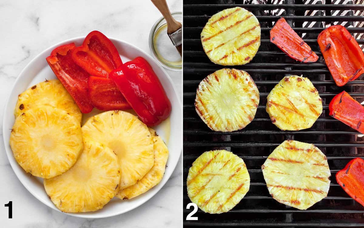 Pineapple and peppers are brushed with oil and then they are put on the grill.